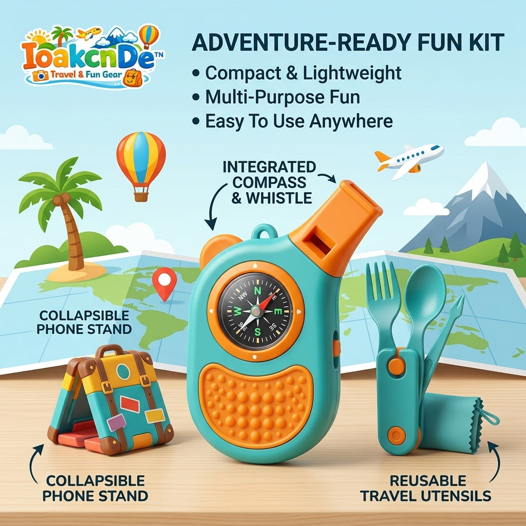 IoakcnDe™ 4-in-1 Kids Adventure Kit | Portable Compass & Whistle Multi-Tool, Suitcase-Style Collapsible Phone Stand, & Reusable Travel Utensils Set | Lightweight Outdoor Exploration Gear & Airplane Travel Essentials for Boys & Girls