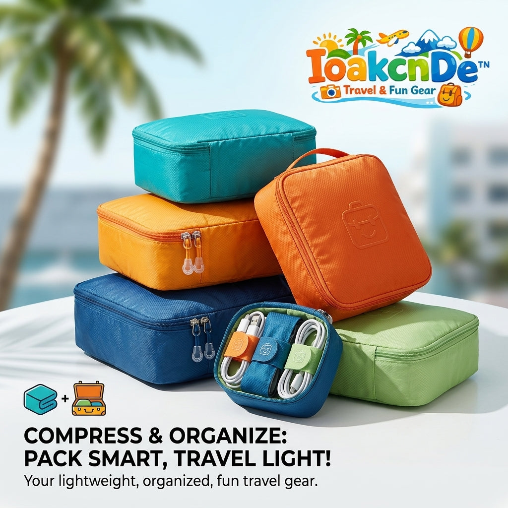 IoakcnDe™ Compression Packing Cubes for Travel - 6 Piece Lightweight Travel Organizer Set for Suitcase - Space Saving Expandable Luggage Bags with Tech & Cable Organizer Pouch