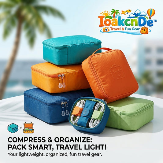 IoakcnDe™ Compression Packing Cubes for Travel - 6 Piece Lightweight Travel Organizer Set for Suitcase - Space Saving Expandable Luggage Bags with Tech & Cable Organizer Pouch