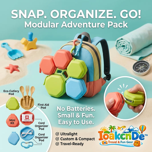 IoakcnDe™ Snap-On Modular Adventure Pack – Ultralight Kids' Travel Backpack with Detachable Organizing Pods | Includes Eco-Cutlery, First Aid & Tech Organizer | Perfect for Beach, Hiking & School 🎒✨