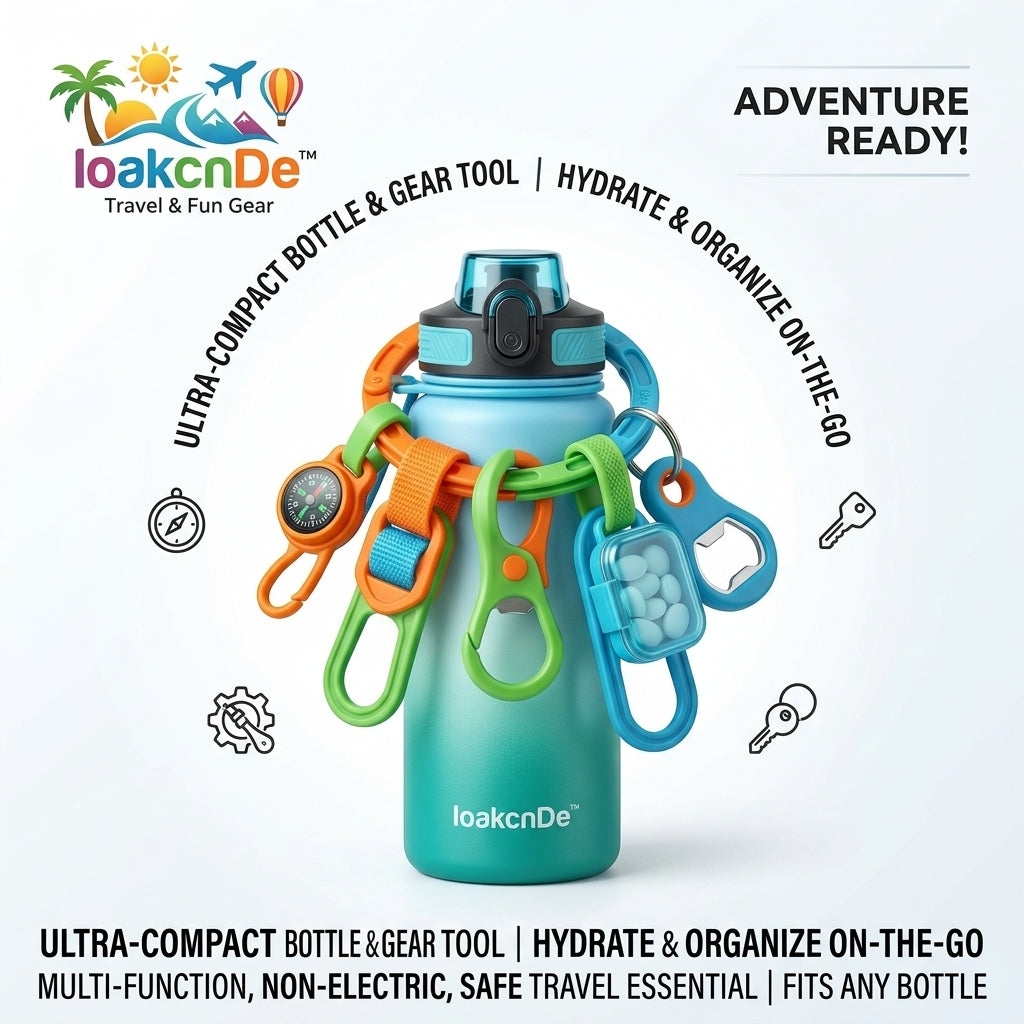 IoakcnDe™ Adventure-Ready Multi-Function Water Bottle Gear Tool | 5-in-1 Universal Gear Organizer Ring with Compass, Pill Case, Bottle Opener & Carabiner Clips | Ultra-Compact Non-Electric Travel Essential for Hiking & Camping
