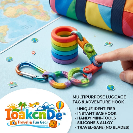 IoakcnDe™ 5-in-1 Multipurpose Luggage Tag & Adventure Hook – Rainbow Silicone Bag Identifier with Built-in Mini Tools & Heavy-Duty Carabiner – TSA-Friendly Travel Gear for Suitcases, Backpacks & Camping